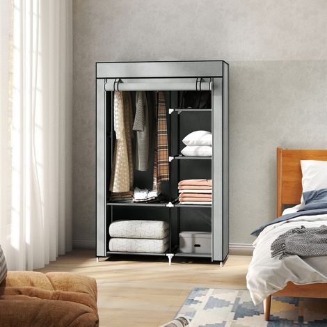 Armoire penderie en tissu non tissé gris avec 6 étagères et 1 barre de suspension (1/5)
