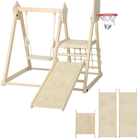Struttura di arrampicata interiore 5 in 1 con scivolo, altalena, rete e canestro, legno naturale (1/5)