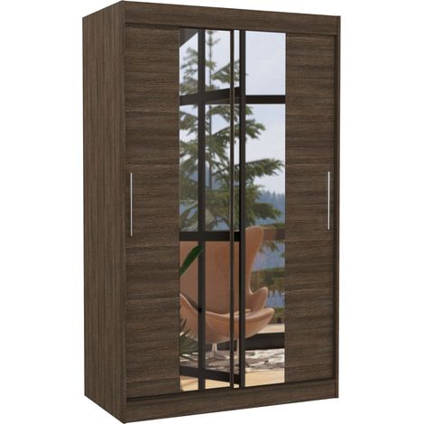 Petite armoire de chambre 2 portes coulissantes marron et miroir Tinko 120cm (1/4)