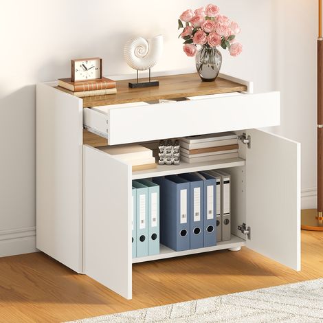 Armoire de Bureau 80x40x70 cm avec Tiroir et Étagères Réglables, Meuble de Rangement Polyvalent Blanc et Bois pour Salon, Bibliothèque (1/5)