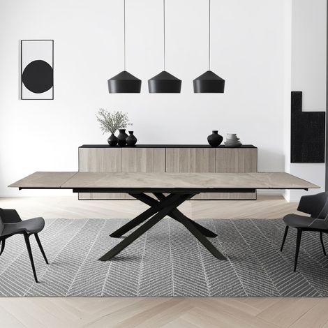 Le Quai Des Affaires – Table à manger extensible en pierre sintérisée – 281x91cm – 12 personnes – Gris effet marbre – 2 allonges de 50cm