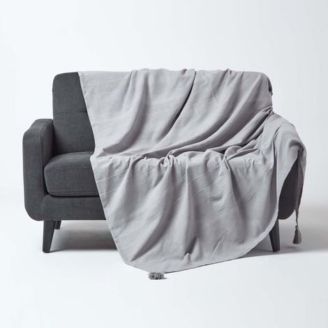 HOMESCAPES Cotton Rajput Ribbed Silver Grey Throw, 225 x 255 cm
