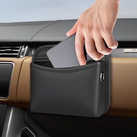 Boîte de rangement pour sièges de voiture, organiseur de poche latérale en cuir, autocollant, espace de rangement universel pour téléphones portables, cartes, lunettes, pièces de monnaie, clés (1/5)