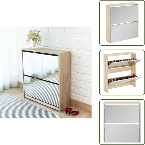 Schuhschrank mit 2 Fächern Spiegel Eiche-Optik 63x17x67 cm - Spiegel-Schuhschrank - Schuhschrank - Flurmöbel - Schuhregal - Garderobe (1/5)