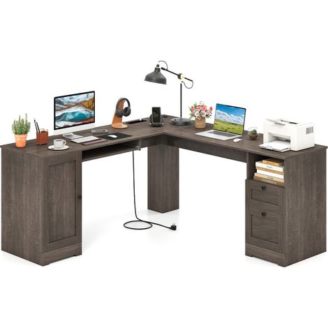 Scrivania a L per gaming lavoro e scrittura 168 x 168 x 76 cm, Scrivania angolare moderna con 2 prese Grigio (1/4)