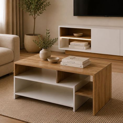 Mesa de Centro Karaseso, 3 Compartimentos, Forma Rectangular, Color Marrón, 120x60x53h cm Roble Marrón (1/3)