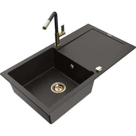Mexen Leo lavello in granito a 1 vasca con sgocciolatoio e rubinetto cucina Flora, nero/oro metallizzato - 6501-75-670401-57-G (1/5)