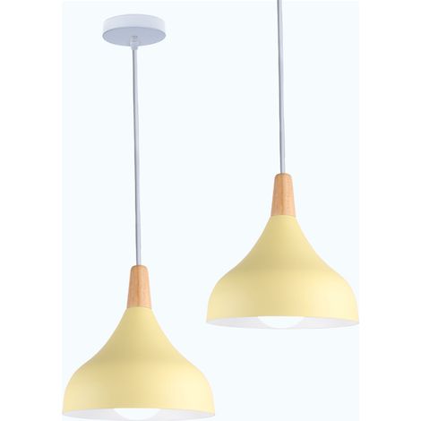 Lámpara Colgante 2 Piezas, Moderna Lámpara de Techo con Ø20cm Cúpula Pantalla de Madera y Metal, Iluminación Decor Art Luz E27 para Dormitorio Cocina Comedor Cafe (Amarillo)
