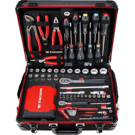 Facom – Valise aluminium 181 outils – Mallette légère avec 3 plateaux + module mousse bicolore – Bandoulière renforcée – Organisation verticale