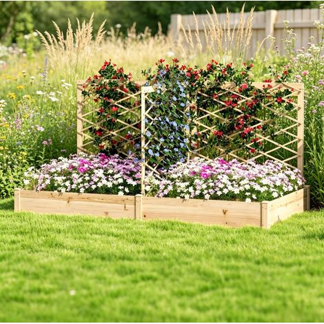 Carré potager surélevé en bois avec 3 treillis modulables, 222 x 114 x 109 cm, naturel HAVRYA (1/5)
