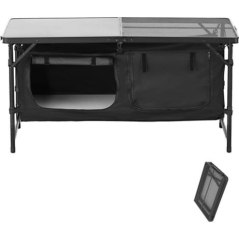 Mophorn Camping-Küchentisch, klappbarer Outdoor-Kochtisch, 3-fach höhenverstellbar, tragbare Aluminium-Kochstation mit Stauraum, Tragegriff, für Grillen, Picknick, Reisen mit dem Wohnmobil, Schwarz (1/5)