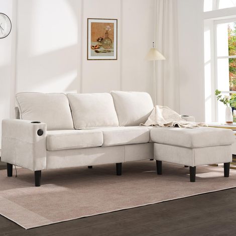 Canapé d’angle L 4 places en lin beige avec méridienne modulable, ports USB et USB-C, porte-gobelets, poches latérales et coussins pour salon (1/5)