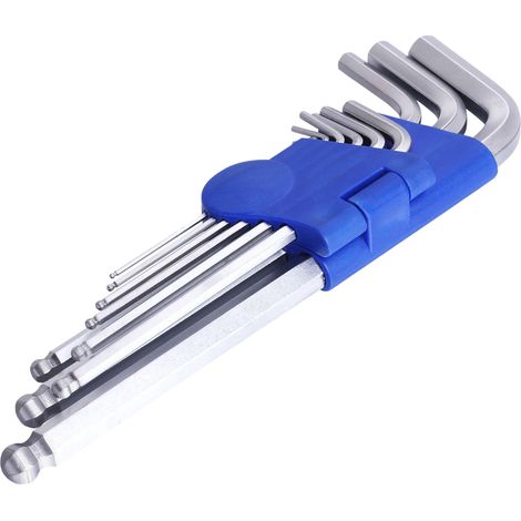Clé à 6 pans allen acier chrome vanadium 9 tailles mâle 1,5 à 10mm hexagonale tête sphérique
