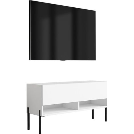 Meuble TV : Blanc Mat, pieds droits noirs, 100 × 32 × 52 cm (1/5)