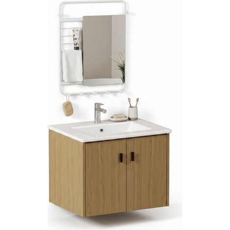 FurnitureR Badezimmermöbel Set 60cm Waschbeckenunterschrank mit Wandspiegel Regal und Aufbewahrungssystem Kompakte Badlösung Weiß Holzoptik