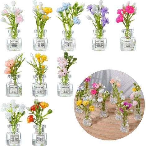 Ornements végétaux verts - 10 pièces - Plantes et fleurs - Petites fleurs lumineuses en vase de verre - Décoration végétale d'intérieur - Résine - Plante verte miniature artificielle-AquaForge