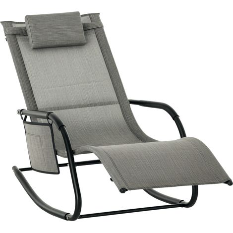 Outsunny Outdoor Garden Rocking Chair, Patio Sun Lounger Rocker Chair with Breathable Mesh Fabric, Removable Headrest Pillow, Armrest, Side Storage Bag, Dark Grey