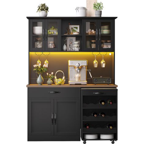 Buffet de cuisine 140 cm avec chariot amovible, LED dimmable, armoire haute de rangement, porte-verres, range-bouteilles 9 flacons, noir et bois foncé  CHICFURN (1/5)