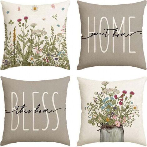 Housse de Coussin 45x45 Automne Printemps Housse Coussin Salon de Jardin Exterieur Vertes Plante Florale Lin Taie d'oreiller Decoratif pour Canapé Maison Salon Chambre Ferme Décoration Lot de 4 (1/4)
