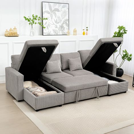 Divano Letto con Letto Estraibile Imbottito, Divano Angolare Convertibile 4 Posti a Forma di U con 2 Chaise Longue, Vani Contenitore e 2 Cuscini, in Velluto a Coste, 282x140x86 cm, Grigio (1/5)
