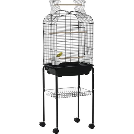 Gabbia volo uccelli su ruote, tetto apribile, 3 trespoli, ripiano inferiore, 46x36x130 cm, nera