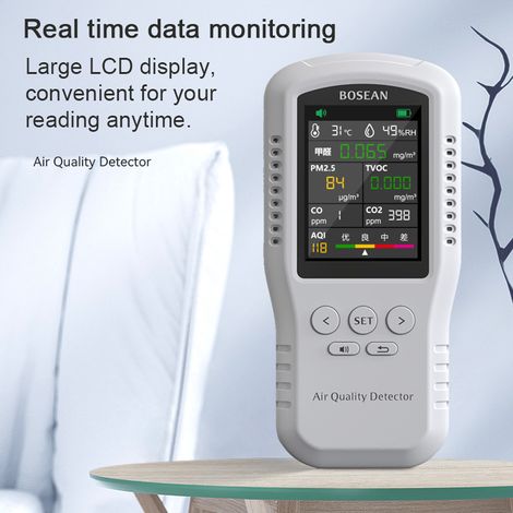 Moniteur portable de qualité de l'air CO2 CO PM2.5 HCHO TVOC Température Humidité Détecteur numérique domestique Analyseur multifonctionnel de testeur de formaldéhyde (1/5)