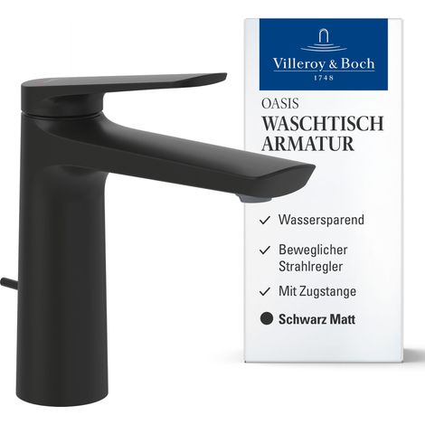 Villeroy & Boch Oasis Waschtischarmatur, Wasserhahn Bad mit Zugstange und Keramikkartusche, Waschbeckenarmatur wassersparend, Auslauf Höhe 114mm, rund, Matt Black (1/5)