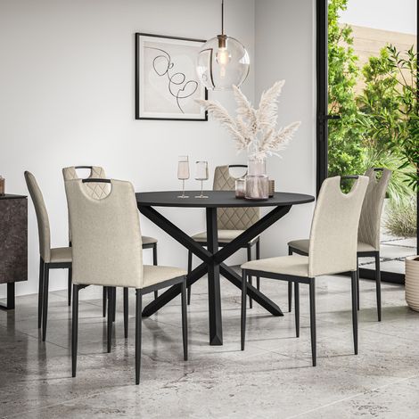 Malvern Round Dining Table And Chairs - Black Table Top w Solid Oak Black Legs + Monza Fabric Dining Chair Set Of 6 (Beige) (1/5)