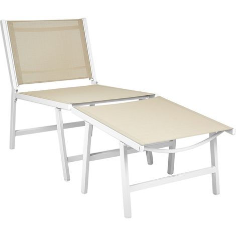 Sedia da giardino moderna per esterni con seduta in textilene e struttura in metallo e poggiapiedi beige e bianco Marceddi