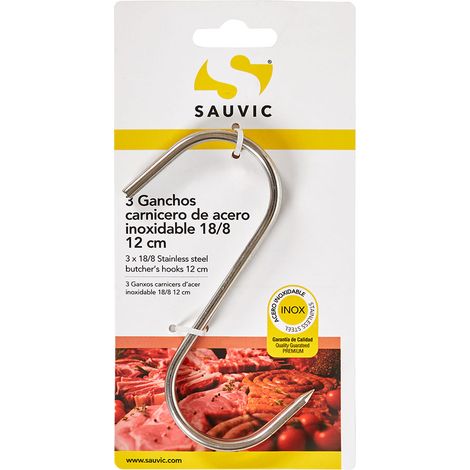 Blister da 3 ganci da macellaio, lunghi 12 cm e spessi 4 mm, realizzati in acciaio inox 18/8.