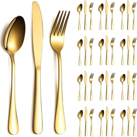 Ensemble de couverts en or 36 Service pour 12, couteaux en acier inoxydable cuillère fourchettes ensemble pour mariage, fêtes, événements, maison, cadeau pour Thanksgiving (1/5)