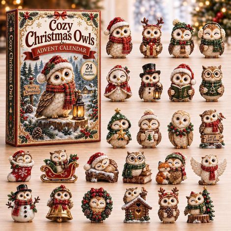Adventskalender 2026 mit Eule auf einem Weihnachtsbaumstumpf – 2D-Überraschungsbox