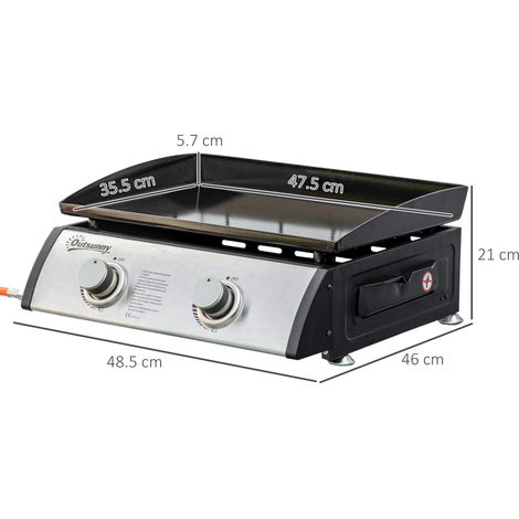 Barbecue à gaz de table à deux brûleurs en métal et inox, plaque antiadhésive et tuyau inclus, parfait pour les séjours de camping (1/4)