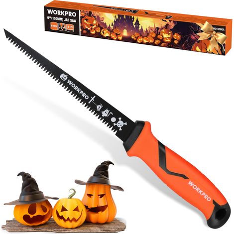 WORKPRO Scie à Guichet de 150 mm, Outil de Sculpture de Citrouille d'Halloween, Lame de 8 TPI, Scie à Main à Triple Tranchant pour Panneaux Muraux, Cloisons Sèches, Plaques de Plâtre et Contreplaqué (1/5)