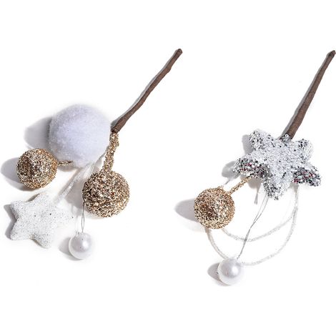 Rametti pick con decorazioni glitterate a stella e bacca con perlina, set da 20 pezzi, cm 8,5 H (con gambo 14,5)
