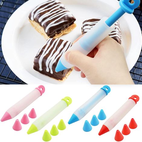 Stylo de décoration gâteaux 4 pièces, stylo à glaçage silicone, outil d'écriture pâtisserie avec 4 embouts, idéal pour décorer gâteaux, cupcakes, biscuits et desserts DIY, accessoire de pâtisserie. (1/5)