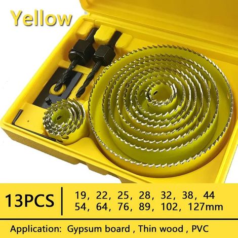 13PCS 19-127m ensemble de scie cloche scie tasse bois couronne foret pour panneau de gypse bois PVC plastique densité panneau métal outils de travail du bois - Jaune (1/5)