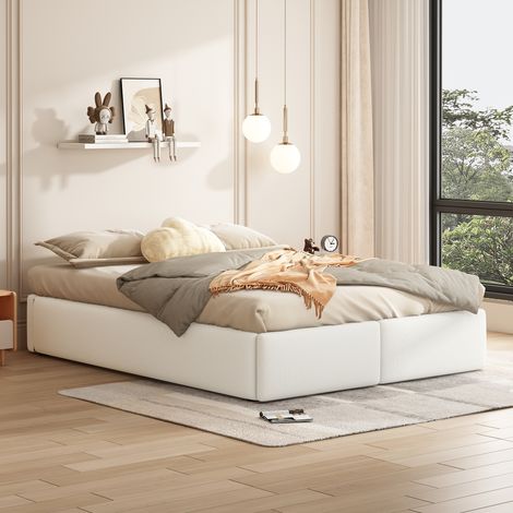 Lit coffre hydraulique blanc 140x200 cm avec 2 tiroirs, sans tête de lit, sommier rembourré plateforme (1/4)