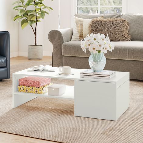 Table Basse en Bois avec Plateau Glissant et Étagère Ouverte et Roulante, 110x52x36 cm, Blanc (1/5)