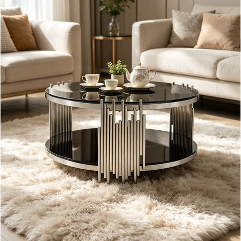 Mesa de centro redonda de vidrio templado negro y acero inoxidable plateado, 2 niveles (1/5)