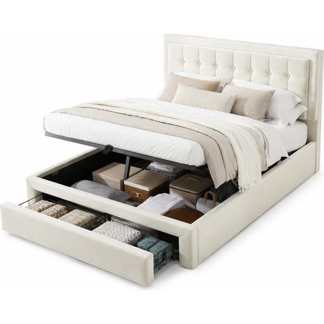 Lit coffre 140x200 avec tête de lit réglable, velours beige, sommier à lattes en bois, 2 tiroirs, style moderne, rangement pratique pour chambre adulte- FLORAGRACE (1/5)