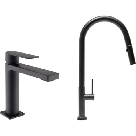 Set miscelatore lavabo + miscelatore cucina monocomando con doccetta estraibile 2 getti, nero opaco (SATBSBW288C)