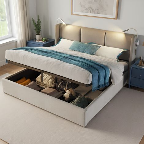 Polsterbett 160x200 cm mit Leselampe und USB, Doppelbett mit hydraulischem Stauraum, Modernes Jugendbett, Bettgestell mit Kopfteil und Lattenrost, Velour Leinen, Ohne Matratze