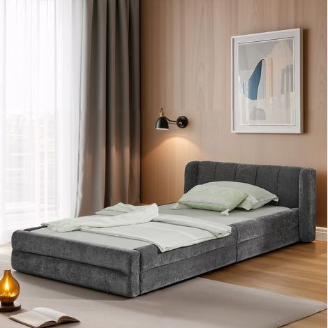 Letto imbottito bambini 90x200 cm con testiera a righe verticali, rete a doghe, in tessuto, senza materasso, grigio scuro (1/5)