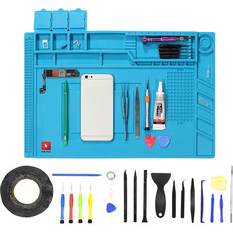 ESD Tapis de travail + outil kit tournevis outils réparation antistatique antidérapant tapis en silicone 30 x 45 cm résistant jusqu'à 500 ° soudure smartphone tablette (1/5)