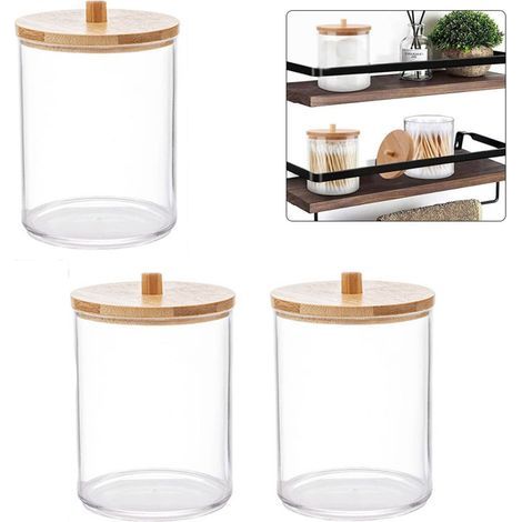 Lot de 3 porte-tampons en coton avec couvercles en bambou, boîtes à cotons-tiges, boîtes de rangement rondes pour salle de bain, pots de rangement transparents pour élastiques à cheveux, fil dentaire (1/5)