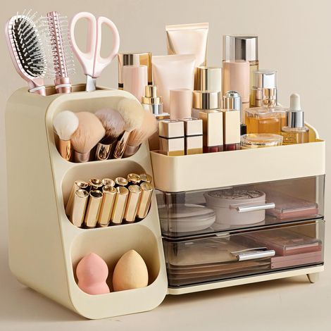 Grand organisateur de maquillage avec porte-pinceaux – Rangement pour coiffeuse et salle de bain pour rouges à lèvres, vernis à ongles, parfums et palettes de fards à paupières