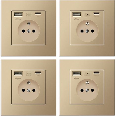 4er-Pack Wandsteckdosen mit USB und Typ-C, 5 V 2,1 A, Standard-EU-Einbausteckdose mit USB-Anschluss, französische Steckdosenleiste, 110–250 V (Gold) (1/5)