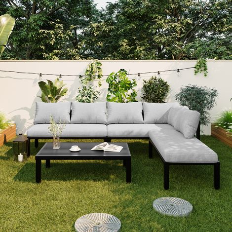 Modulares 6-Sitzer-Gartenmöbelset, verzinktes Eisengestell, verstellbare Füße, wetterfest, Grau