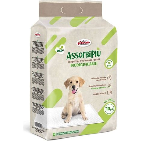 Tappetini superassorbenti biodegradabili 60x90cm Assorbipiù da 10 pezzi con angoli adesivi